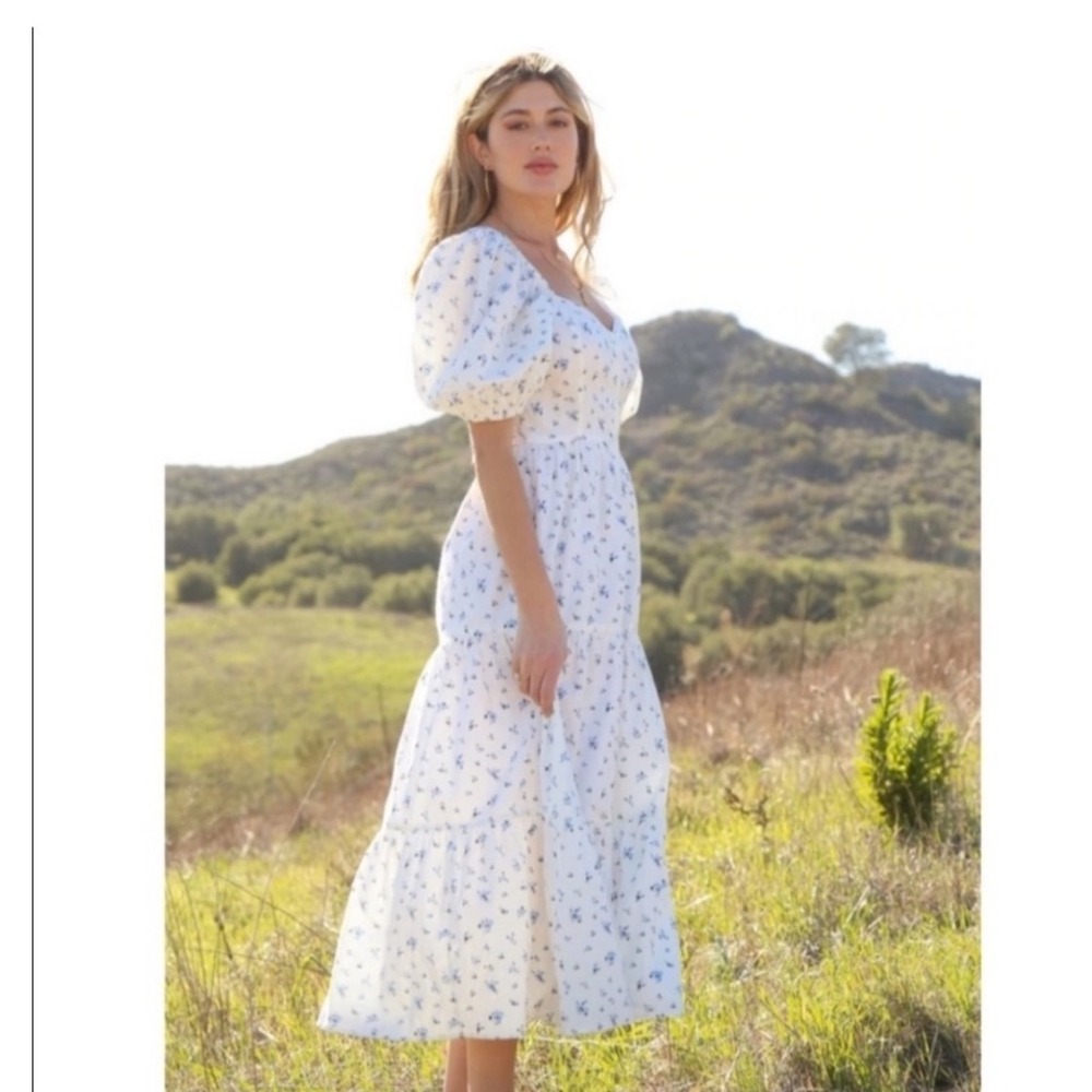 RAHI Nicola Prairie Puff Sleeve Floral Print Smocked Midi‎ Dress L